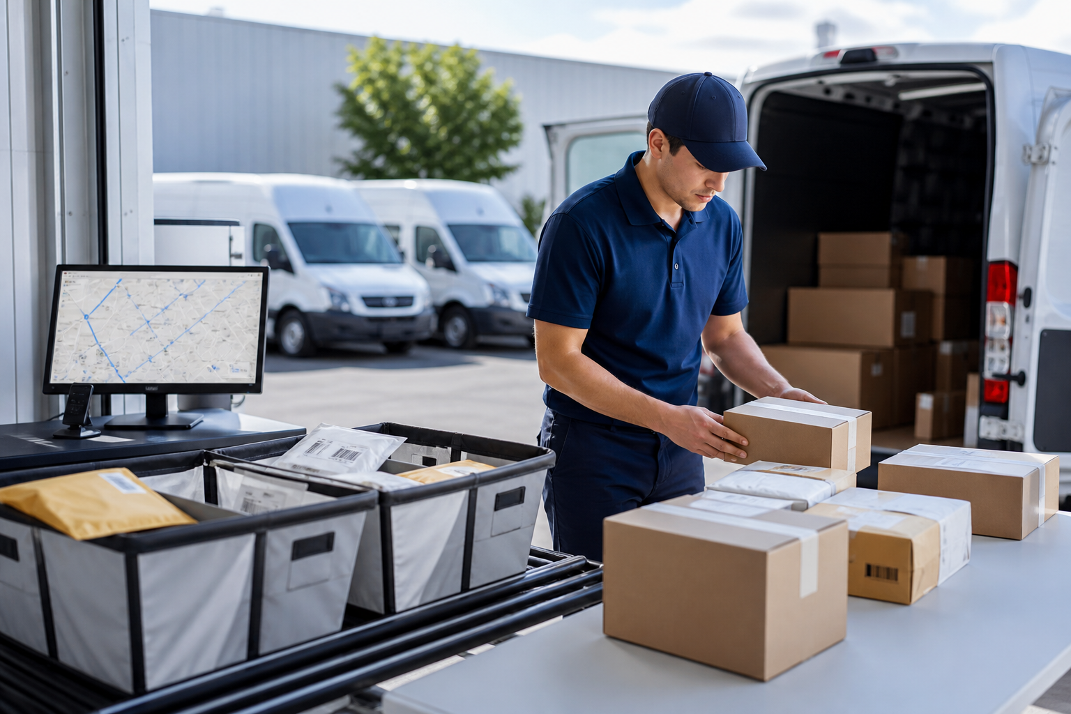 Courier preparing parcels beside delivery vans