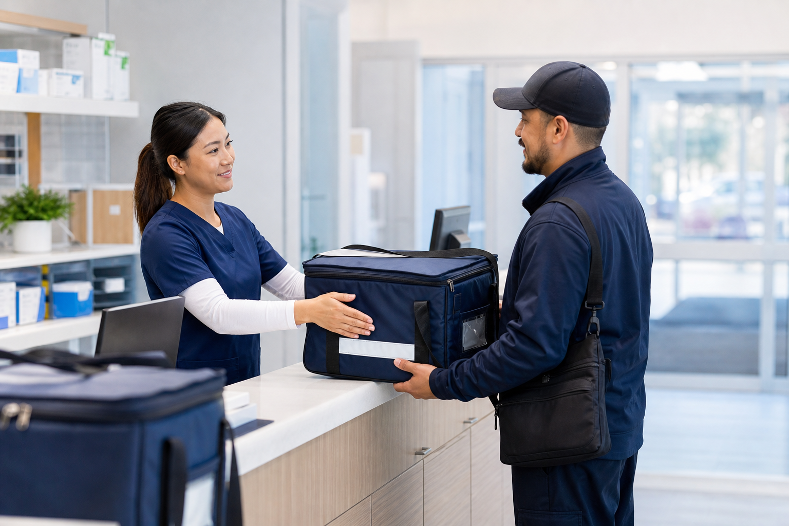 Medical courier receiving a sealed delivery tote